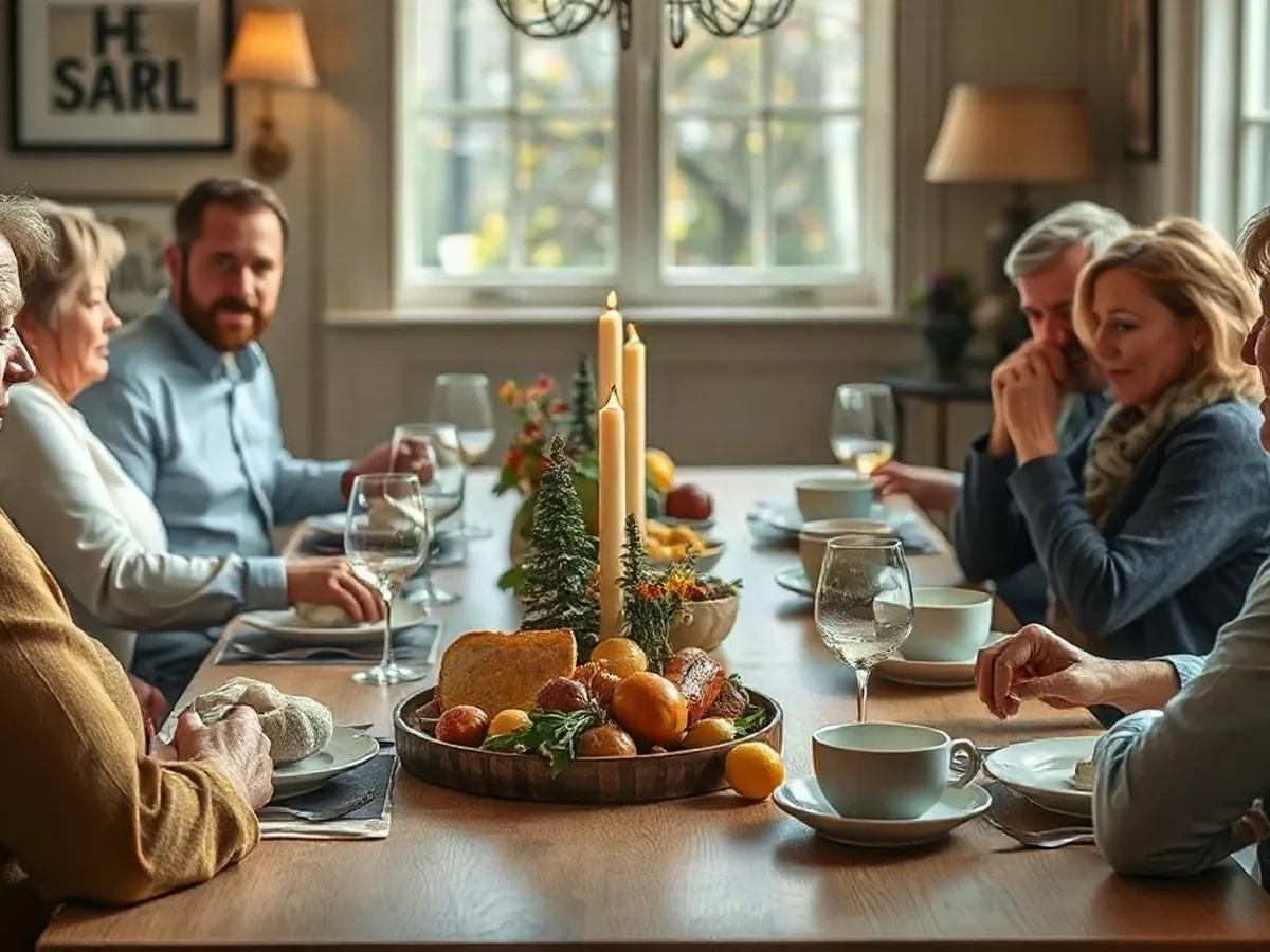 Adultes réunis autour d’un repas de saison dans une scène illustrée