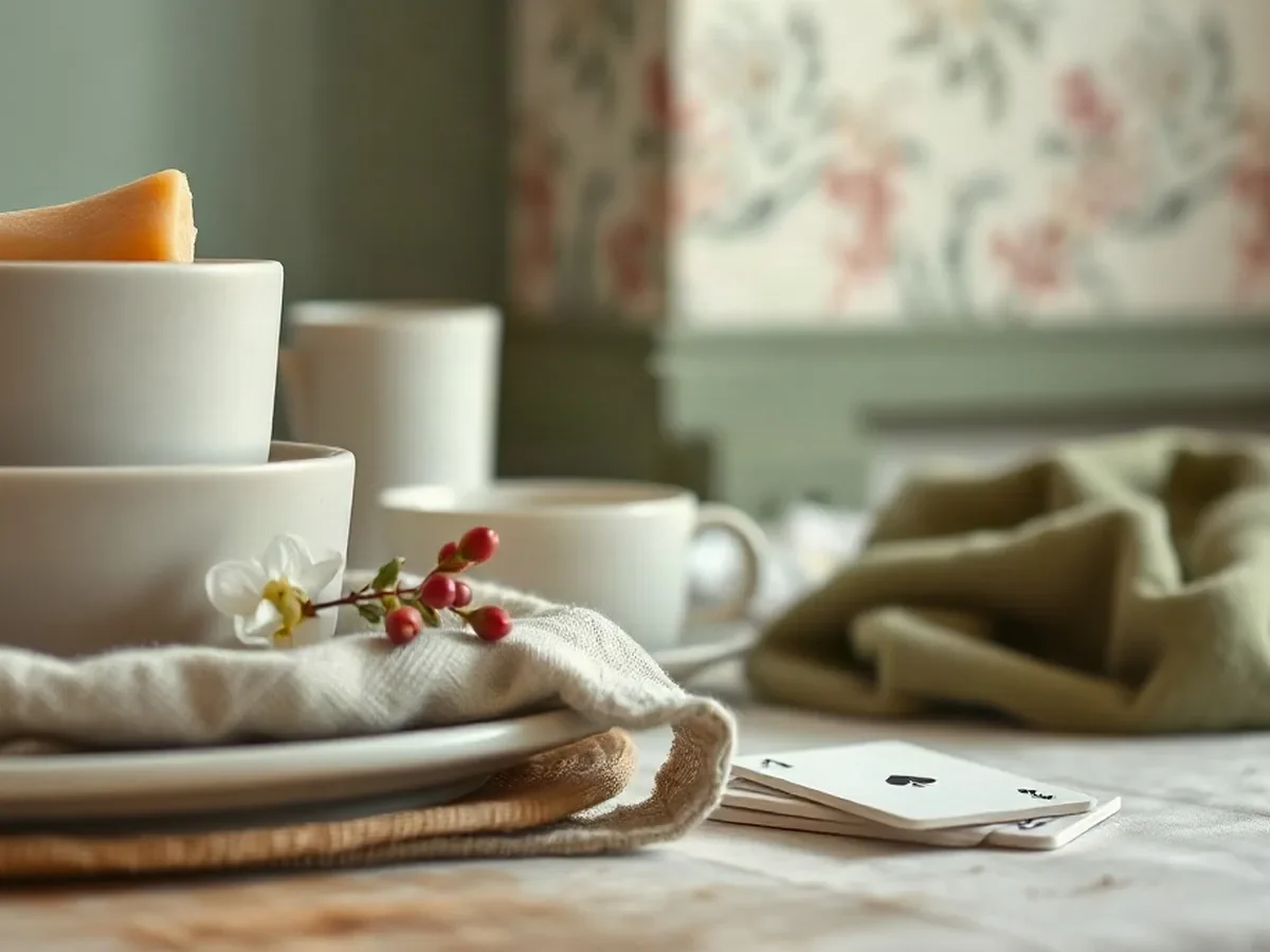 Détail de vaisselle ivoire, linge plié, cartes et bois de chêne