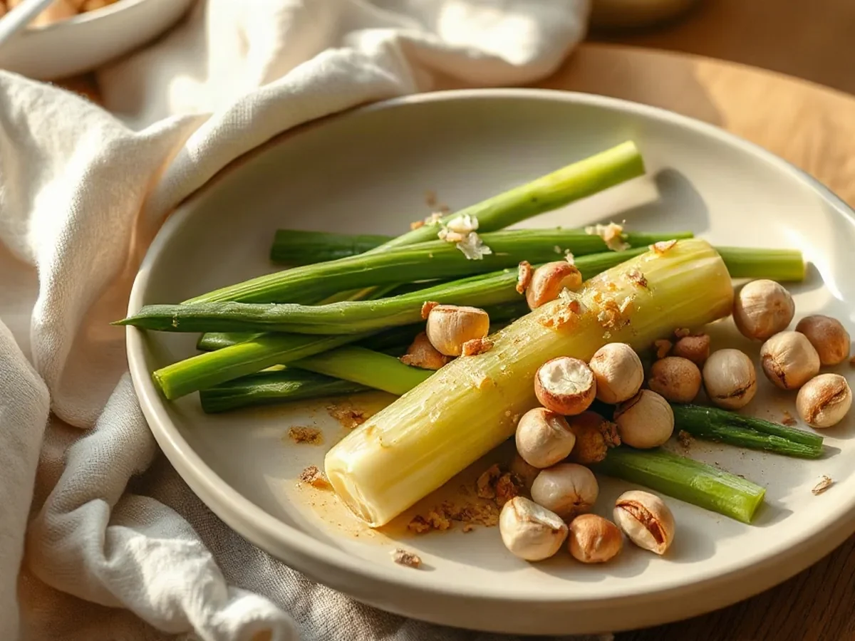 Poireaux tièdes aux noisettes et vinaigrette au cidre