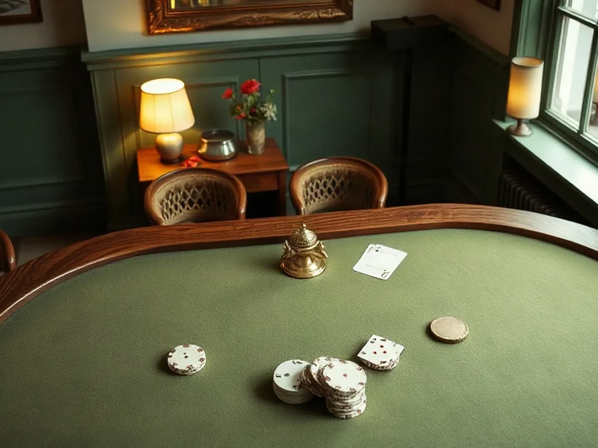 Table physique de poker avec tapis vert, cartes et compteurs symboliques sans valeur