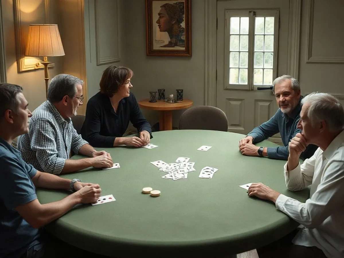 Adultes autour d’une table de poker dans une scène sociale illustrée