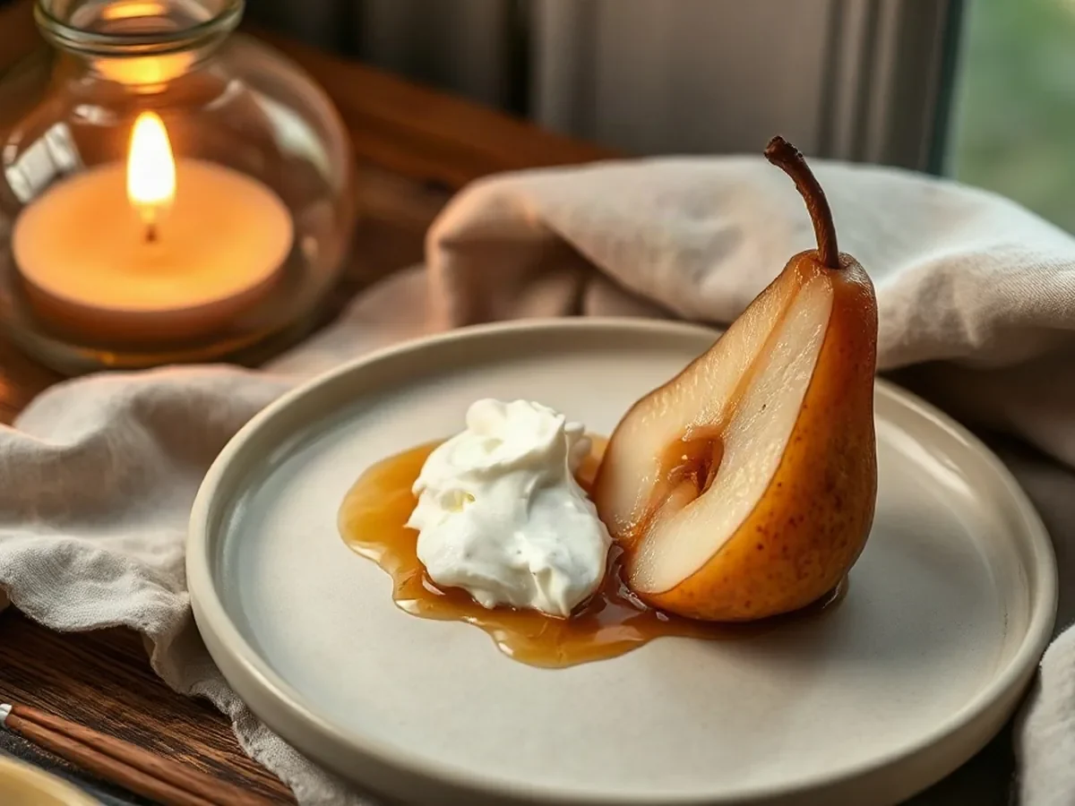 Poire pochée accompagnée de crème fraîche et de miel